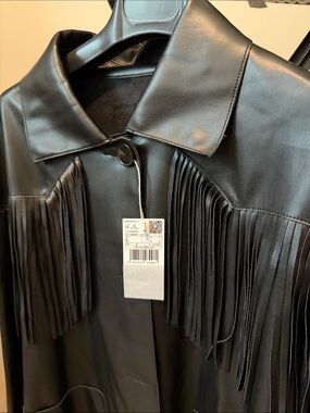 Mango Black Leather Fringe Jacket